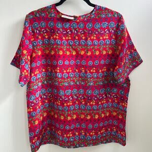 Vintage red Kathie Lee red and blue floral print women’s blouse 80s